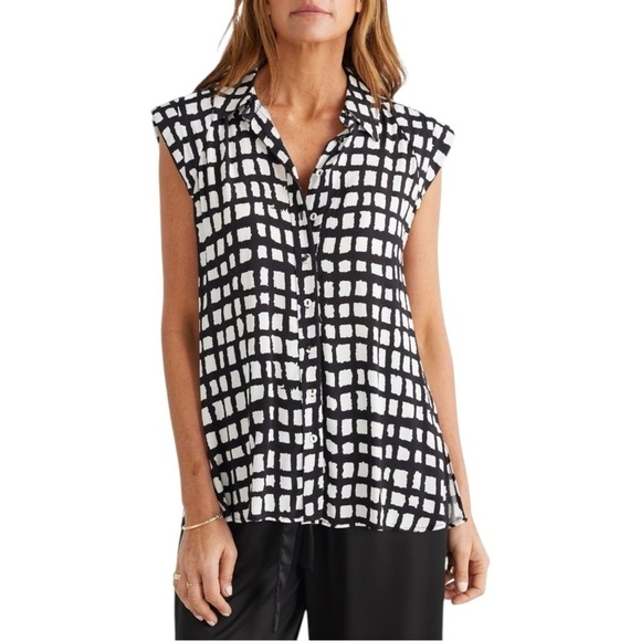 Sleeveless Blouse Black White Grid Print Button Down Collar Casual Top New SZ XS - Picture 1 of 5